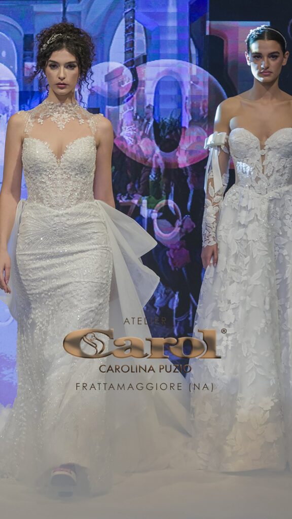 Abito da sposa in passerella alla sfilata nel cortile di Atelier Carol, Frattamaggiore